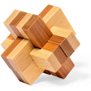 A wooden puzzle featuring various interlocking pieces in shades of light and dark brown, with a smooth finish and no visible branding.