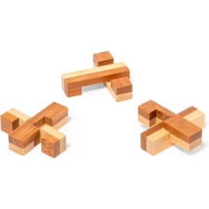 Three wooden puzzles in various shapes and shades of brown and light wood, arranged on a white background.