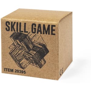 A cardboard box featuring a puzzle design, labelled "Skill Game," in brown. It has a simple branding logo.
