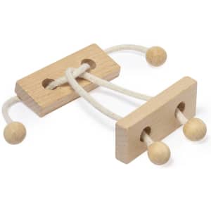 A wooden puzzle featuring two blocks connected by a rope with wooden beads on each end.
