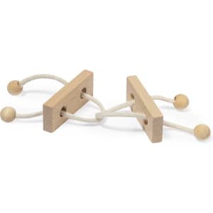 A wooden puzzle made of two pieces with loops of string and beads, featuring a natural finish.
