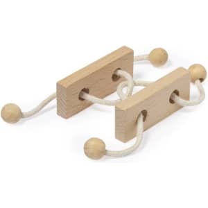 A wooden puzzle with two blocks connected by rope and wooden beads, featuring a light brown colour.