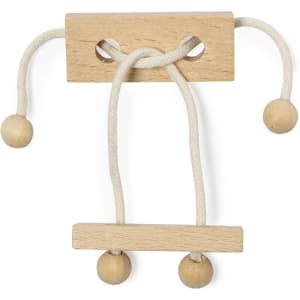 A wooden puzzle game featuring two ropes with wooden beads, designed for skill and dexterity.