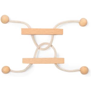 A wooden puzzle featuring two horizontal bars connected by a looped rope, with wooden balls at each end.