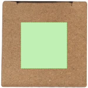 A square, green puzzle piece within a brown cardboard box, featuring a simple design and a logo.