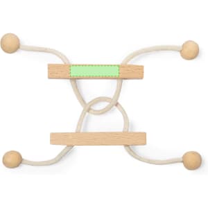 A wooden puzzle with two natural-toned bars and beige ropes intertwined with wooden beads at each end.