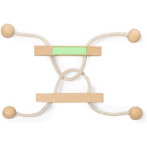 A wooden puzzle with two beige bars and light green accents, connected by twisted cords and wooden beads.