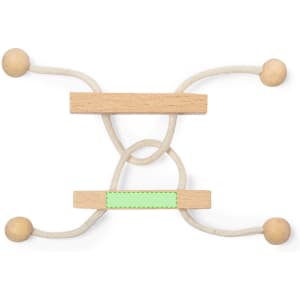 A puzzle featuring wooden pieces, beige rope, and green accents, designed for engaging skill challenges.