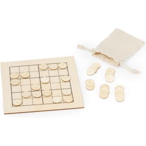 A wooden Sudoku game board with circular tokens, accompanied by a drawstring bag. The board features a light colour scheme.
