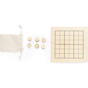 A wooden Sudoku board in light colour with six circular pieces and a beige drawstring bag.