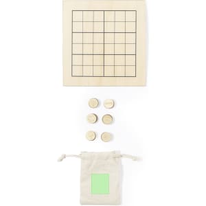 A wooden Sudoku game board with a grid, five wooden tokens, and a drawstring pouch in a natural colour.