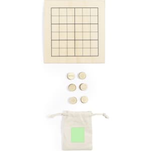 A wooden Sudoku board with a grid, six wooden tokens, and a small drawstring bag. The board is light in colour.