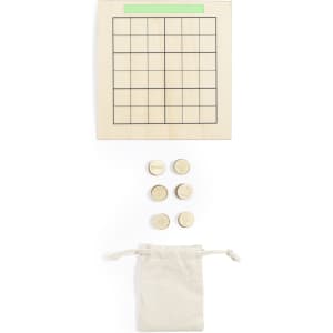 A wooden Sudoku game board with a grid, six circular wooden pieces, and a canvas storage bag.