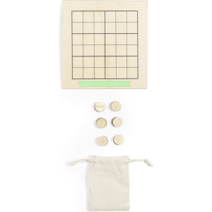 A wooden game board with a grid, five wooden tokens, and a cloth drawstring bag. The board is light-coloured.