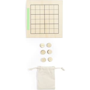 A wooden Sudoku board in a light colour with a grid layout, accompanied by five round wooden tokens and a small fabric bag.