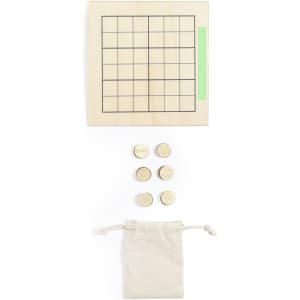 A wooden Sudoku board with a grid, six circular tokens, and a small drawstring bag.