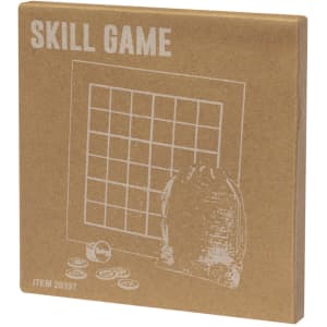 A brown cardboard box containing a grid and game pieces, labelled as a skill game. Features a simple design.
