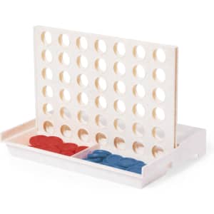 A game set featuring a vertical board with circular slots, accompanied by red and blue checkers in a storage tray.