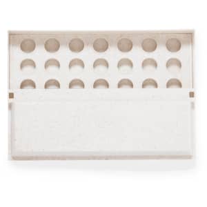 A game box with a white finish, featuring multiple circular compartments for game pieces. It has a minimalistic design.