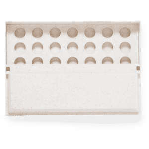 A white game box with a lid, featuring multiple circular compartments for game pieces.