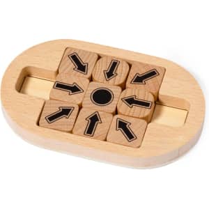 A wooden mini puzzle featuring nine sliding pieces with black arrows, set in an oval base.