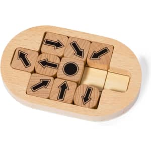 A wooden mini puzzle featuring various directional arrow blocks arranged in an oval tray.