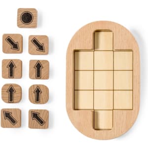 A wooden puzzle game featuring an oval tray and twelve blocks with arrow designs, created from light-coloured wood.