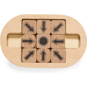 A wooden puzzle featuring nine blocks with directional arrows and a central circle, housed in an oval base.