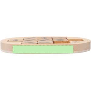 A wooden mini puzzle featuring various shapes and a light green border. Includes multiple pieces for interactive play.