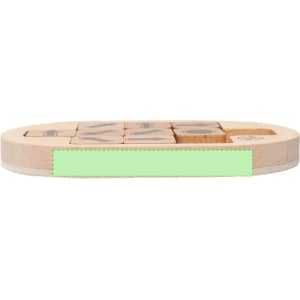 A wooden mini puzzle featuring various shapes and patterns, with a light green border around the edge.