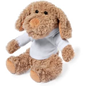 A plush teddy dog in tan fur, wearing a white hoodie, with a soft and cuddly appearance.