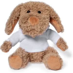 A brown plush teddy with a soft, furry texture and wearing a white hoodie, featuring floppy ears and a friendly expression.