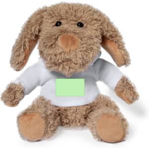 A fluffy brown teddy bear with soft ears and a white hoodie, featuring a blank space for custom designs.