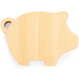 A wooden pig-shaped money box in a natural finish with a round hole for inserting coins and a branding logo.