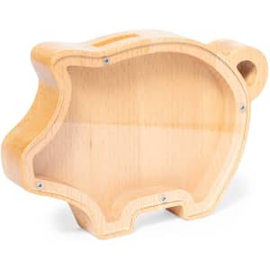 A wooden money box in the shape of a pig, featuring a light natural finish and an open design.