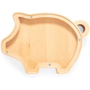 A wooden pig-shaped money box in a light natural finish, featuring a smooth surface and a hole for coins.