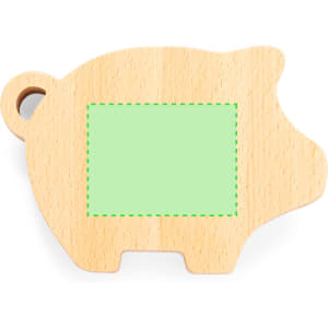 A wooden pig-shaped money box in a natural finish, featuring a blank green area. Includes a circular opening.