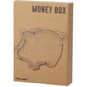 A cardboard packaging featuring a sketch of a pig-shaped money box, presented in a natural brown colour.