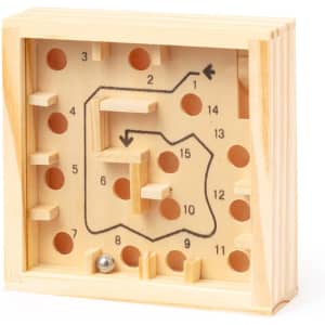 A wooden puzzle game featuring a maze with pins, numbered holes, and a small metal ball. It has a natural finish.