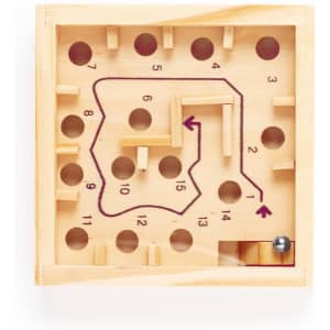 A wooden puzzle game features a ball track with numbers and pathways, designed in natural wood tones. It has a branding logo.