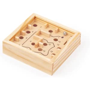 A wooden puzzle game with a ball, featuring a maze and numbered holes in a square frame.