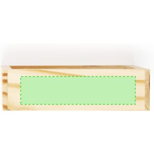 A wooden box with a light green rectangle on its side. The box features a simple design and a natural finish.