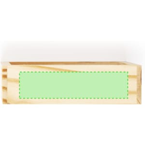 A light wooden box featuring a green section, potentially for branding or labels.