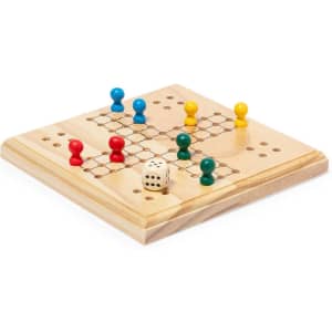 A wooden board game featuring red, blue, green, and yellow pawns, along with a dice.