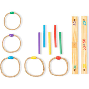 A collection of wooden game pieces including colourful rings and rods in green, purple, and yellow.