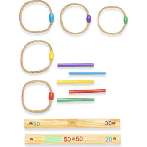 A set of game pieces including coloured rings, rods, and wooden scoreboards in various colours and sizes.