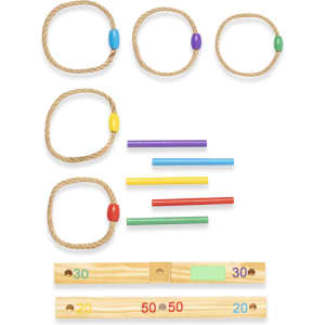 A set of wooden and rope game pieces, featuring colourful rings and rods in various sizes and shapes.