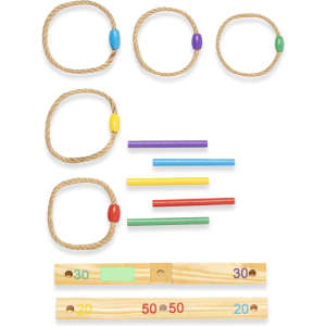 A set of rope rings and colour-coded sticks, featuring various sizes and a wooden base with number markings.