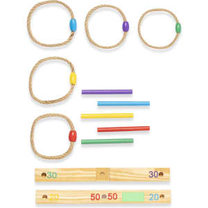 A set of multi-coloured wooden and rope game components, including rings and sticks, with various colours and lengths.