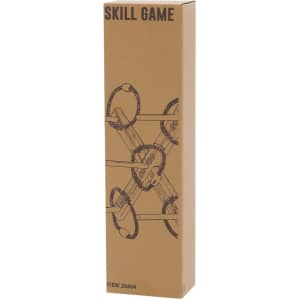A narrow, brown box featuring a skill game design with illustrated rings and a logo.